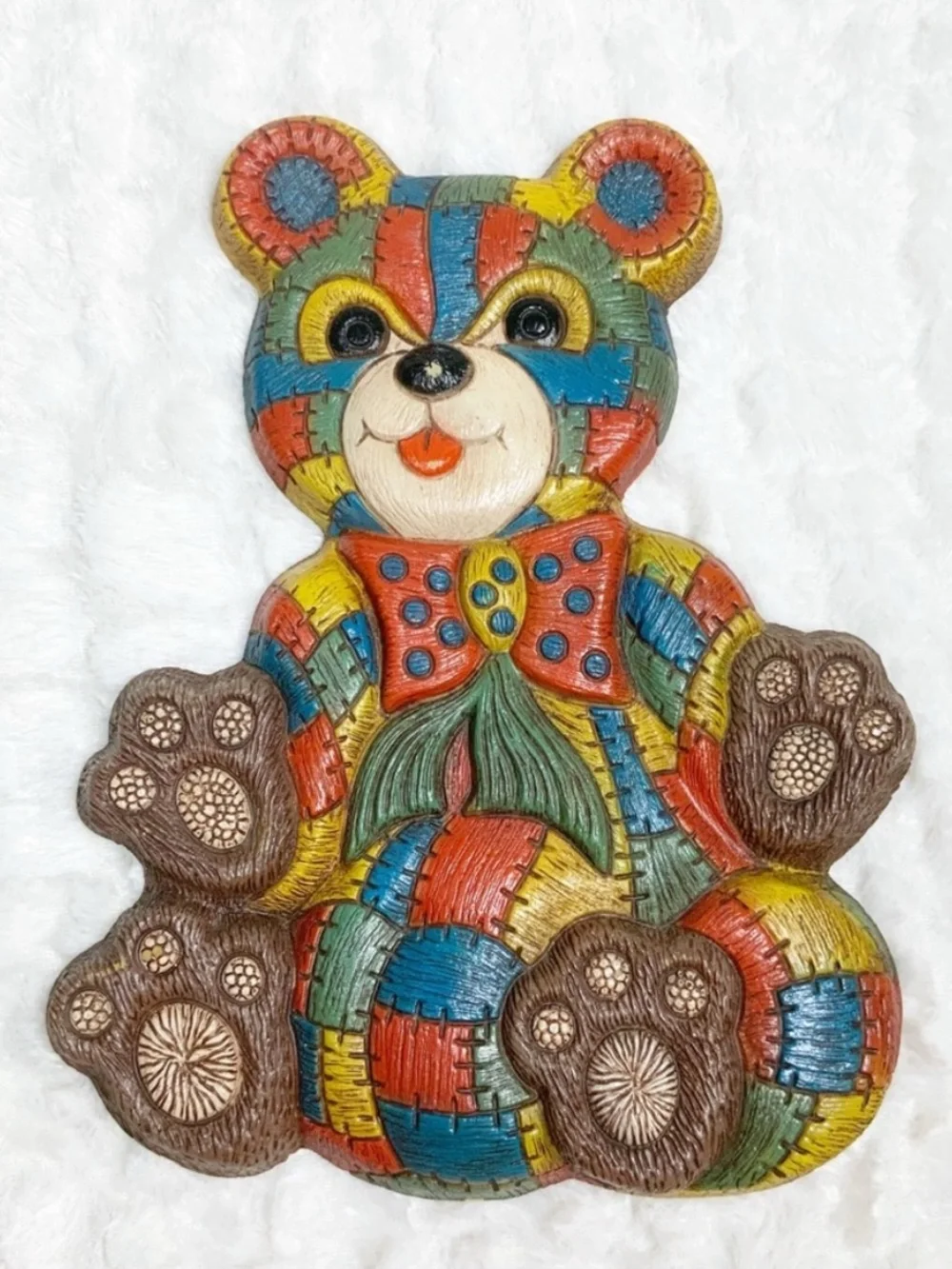 Vintage 1979 Foam Craft Patchwork Quilted Teddy Bear Wall Hanging Whimsy Retro